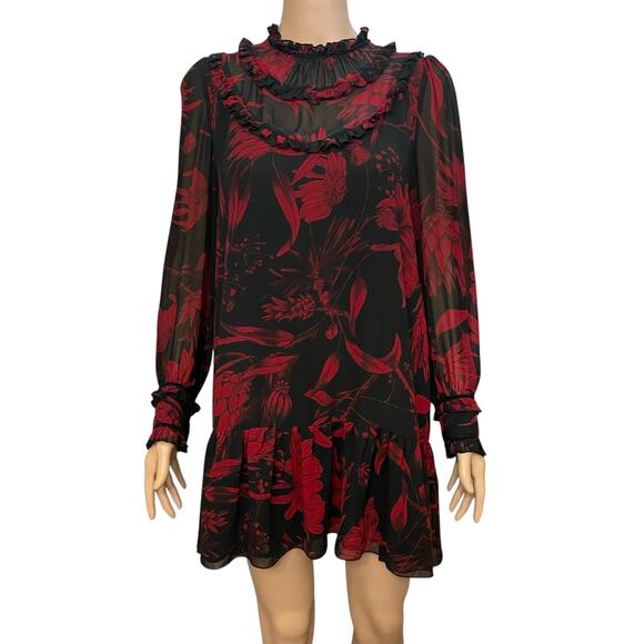 Zara Floral Chiffon Mini Dress Small Shift Swing Mod Long Sleeve Ruffle Black - Picture 1 of 10